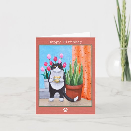 Zwart-wit Tuxedo Kat met koffie Verjaardag Kaart (Voorkant)