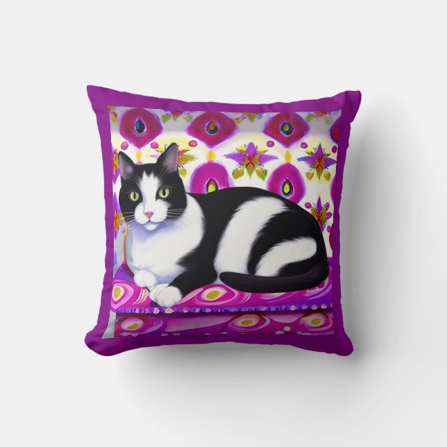 Zwart-wit Tuxedo Kat op een Kussen (Voorkant)