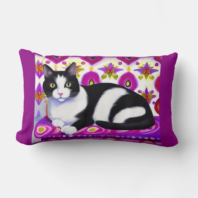 Zwart-wit Tuxedo Kat op een Kussen (Voorkant)
