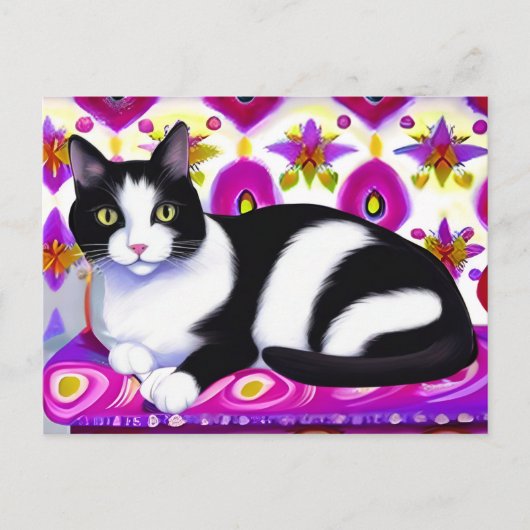 Zwart-wit Tuxedo Kat op een Kussen Briefkaart (Voorkant)