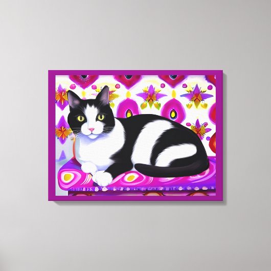 Zwart-wit Tuxedo Kat op een Kussen Canvas Afdruk (Voorkant)