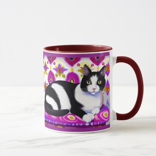 Zwart-wit Tuxedo Kat op een Kussen Mok (Rechts)