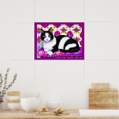 Zwart-wit Tuxedo Kat op een Kussen Poster (Keuken)