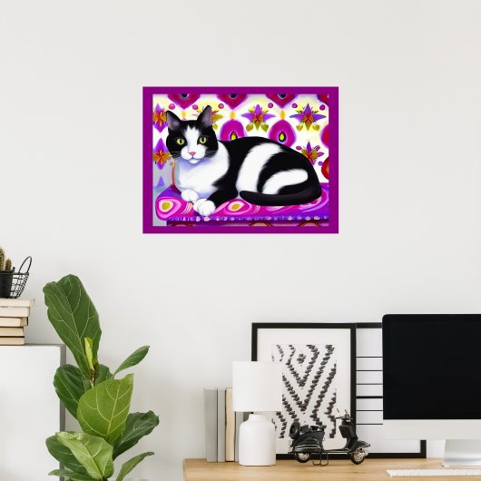 Zwart-wit Tuxedo Kat op een Kussen Poster (Thuiskantoor)