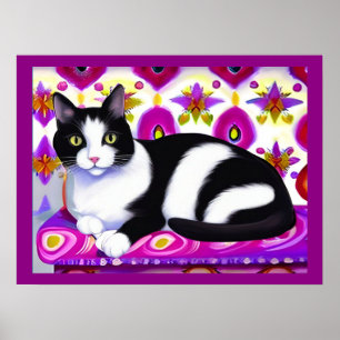 Zwart-wit Tuxedo Kat op een Kussen Poster