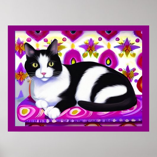 Zwart-wit Tuxedo Kat op een Kussen Poster (Voorkant)