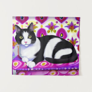 Zwart-wit Tuxedo Kat op een Kussen Wandkleed