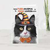 Zwart Wit Tuxedo Kat PURRanormaal MEOWolween Feestdagen Kaart (Voorkant)