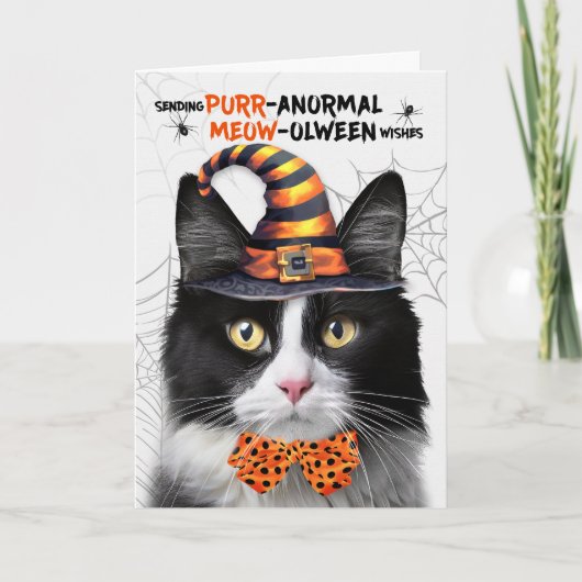 Zwart Wit Tuxedo Kat PURRanormaal MEOWolween Feestdagen Kaart (Voorkant)