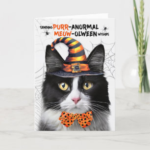 Zwart Wit Tuxedo Kat PURRanormaal MEOWolween Feestdagen Kaart
