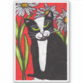 Zwart Wit Tuxedo Kat Zittend in Daisies Rood Sticker (Voorkant)