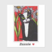 Zwart Wit Tuxedo Kat Zittend in Daisies Rood Sticker (Vel)