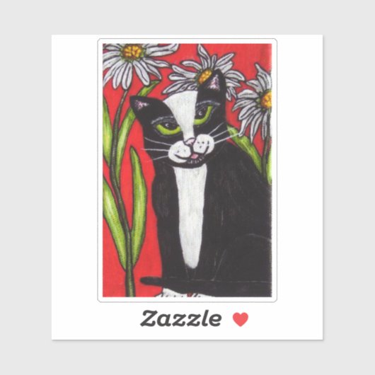 Zwart Wit Tuxedo Kat Zittend in Daisies Rood Sticker (Vel)