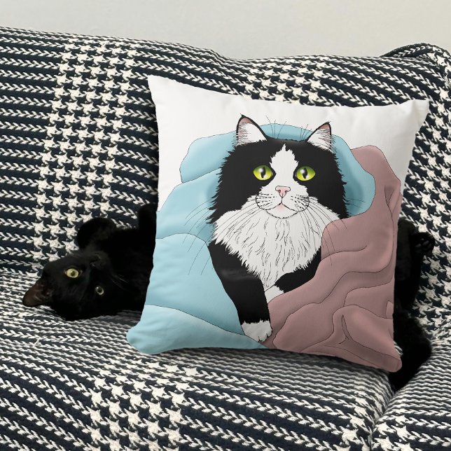Zwart Wit Tuxedo Kattendekens Schattige Blauw Roze Kussen (Creator heeft geüpload)