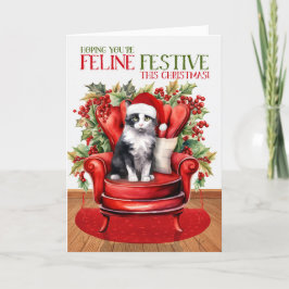 Zwart Wit Tuxedo Kerstmis Kat FELINE Feestelijk Feestdagen Kaart