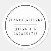 Zwart-wit Tweetalig pinda-allergie Alert Ronde Sticker (Voorkant)