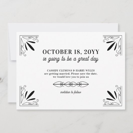  zwart-wit typografie bruiloft save the date (Voorkant)