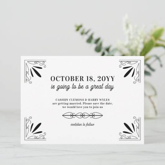  zwart-wit typografie bruiloft save the date (Staand voorkant)