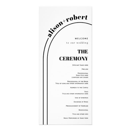 Zwart, wit typografie en boog bruiloft programma (Voorkant)