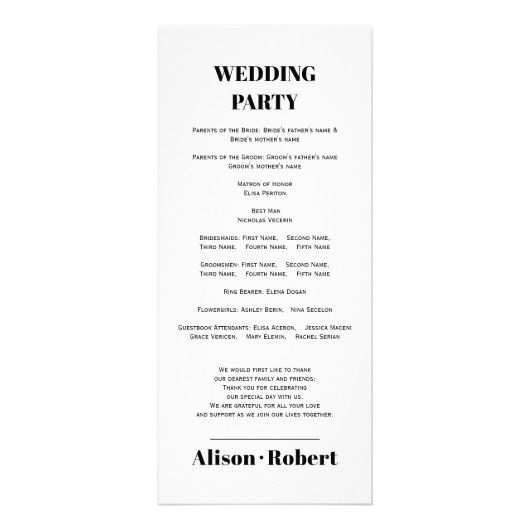 Zwart, wit typografie en boog bruiloft programma (Achterkant)