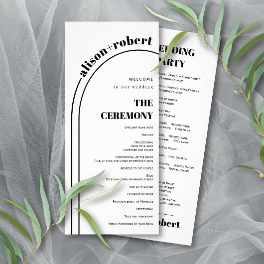 Zwart, wit typografie en boog bruiloft programma