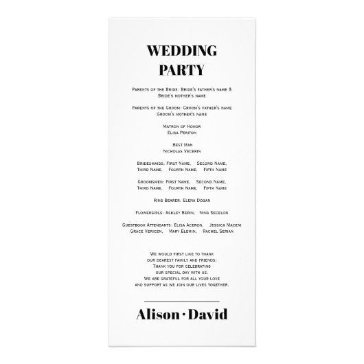 Zwart, wit typografie minimalistisch trouwprogramm reclamekaart (Achterkant)