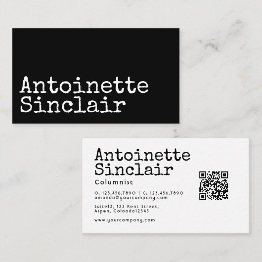 Zwart-wit typografie QR-code voor schrijfmachine Visitekaartje (Voorkant / Achterkant)