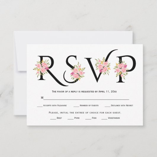 Zwart-wit typografie, roze rozen RSVP-kaart RSVP Kaartje (Voorkant)