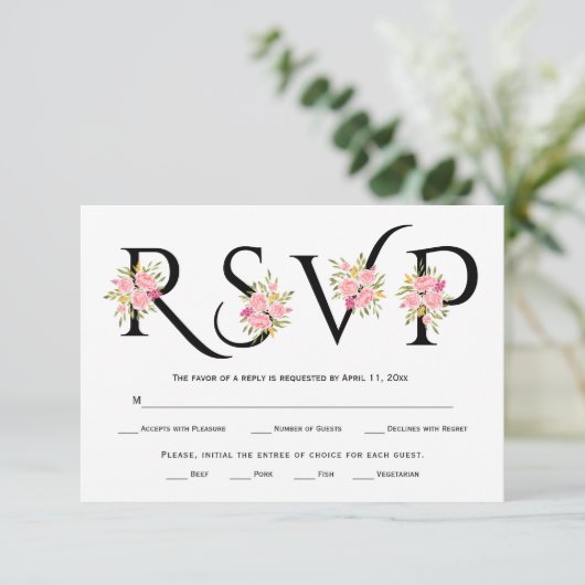Zwart-wit typografie, roze rozen RSVP-kaart RSVP Kaartje (Staand voorkant)
