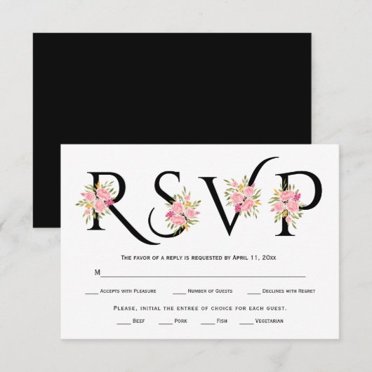 Zwart-wit typografie, roze rozen RSVP-kaart RSVP Kaartje (Voorkant / Achterkant)