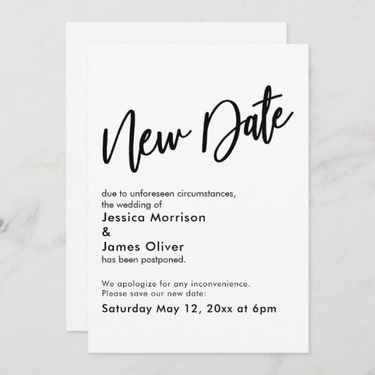 Zwart Wit Uitgesteld Bruiloft Nieuwe Datum Update  Kaart (Voorkant / Achterkant)