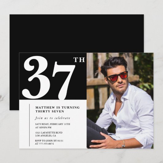 Zwart-wit uitnodigingen 37e verjaardag foto (Voorkant / Achterkant)