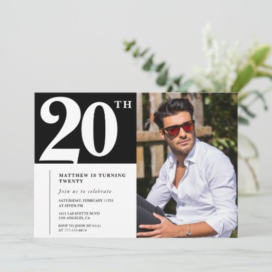 Zwart-wit uitnodigingen voor 20ste verjaardag (Staand voorkant)