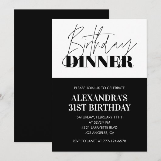 Zwart-wit uitnodigingen voor 31e verjaardag Dinner (Voorkant / Achterkant)