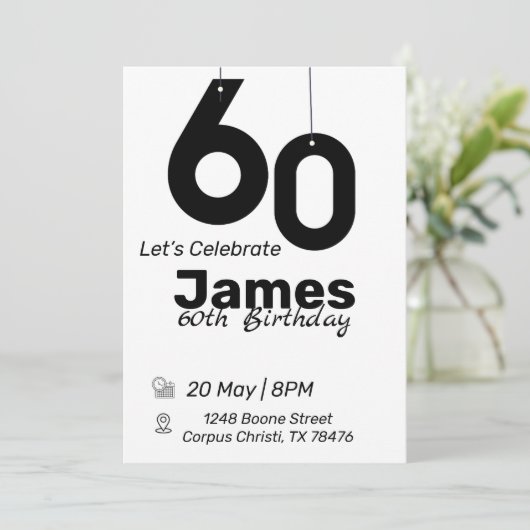 Zwart-wit uitnodigingen voor 60e verjaardag eenvou (Staand voorkant)