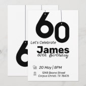 Zwart-wit uitnodigingen voor 60e verjaardag eenvou (Voorkant / Achterkant)