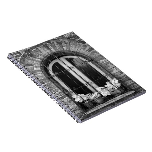 Zwart-wit uitzicht van ramen en bloempotten notitieboek (Rechterzijde)