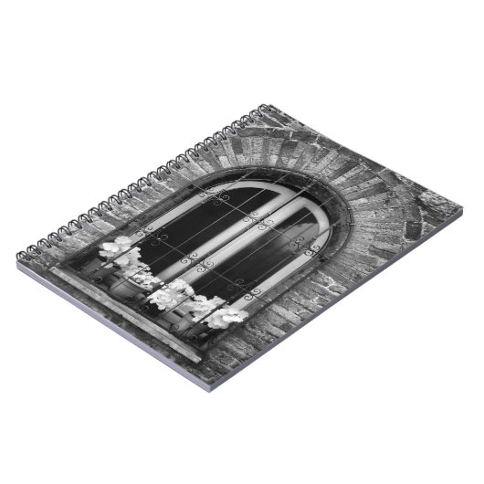 Zwart-wit uitzicht van ramen en bloempotten notitieboek (Linkerzijde)