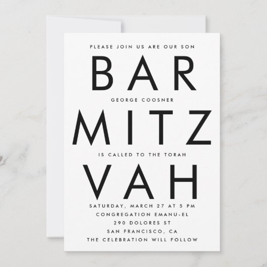 Zwart Wit Ultra Modern Bar Mitswa Kaart (Voorkant)