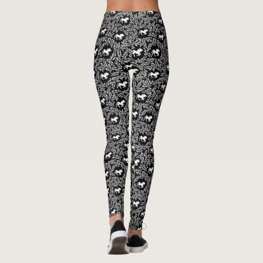 Zwart-wit Unicorn- en Leaf-patroon Leggings (Achterkant)