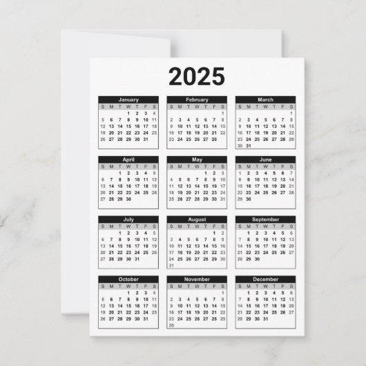 Zwart-wit USA 2025 Jaarlijkse Kalender Platte Kaar (Voorkant)