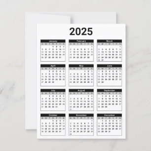 Zwart-wit USA 2025 Jaarlijkse Kalender Platte Kaar