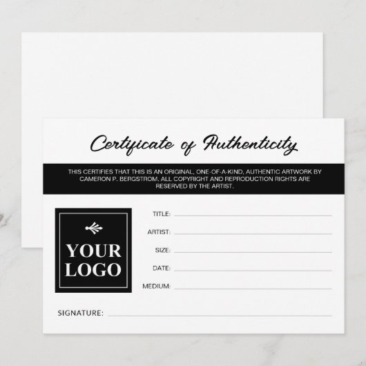 Zwart wit uw echtheidscertificaat voor Logo (Voorkant / Achterkant)