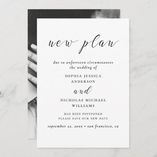 Zwart-wit Verander de Datum. Modern nieuw plan Save The Date (Voorkant / Achterkant)