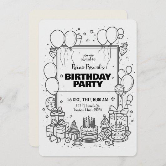 Zwart-wit verjaardagsfeest uitnodiging (Voorkant / Achterkant)