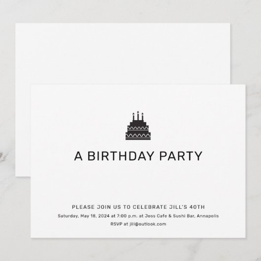 Zwart-wit Verjaardagstaart Party uitnodiging (Voorkant / Achterkant)