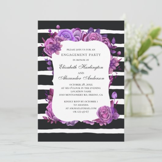 Zwart-wit verlovingsfeest. Paarse bloemen Kaart (Staand voorkant)