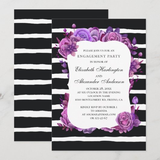 Zwart-wit verlovingsfeest. Paarse bloemen Kaart (Voorkant / Achterkant)