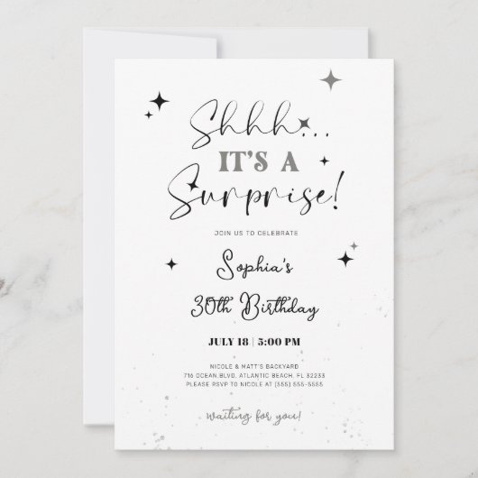 Zwart-wit Verrassing Verjaardag Uitnodiging (Voorkant)