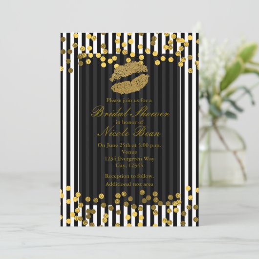 Zwart-wit - verticale strepen Gold Lips Kiss Kaart (Staand voorkant)